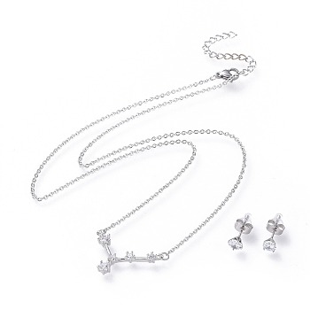 304 Stainless Steel Jewelry Sets, Brass Micro Pave Cubic Zirconia Pendant Necklaces and 304 Stainless Steel Stud Earrings, with Ear Nuts/Earring Back, Twelve Constellations, Clear, Cancer, 465x1.5mm