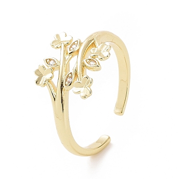 Clear Cubic Zirconia Clover & Leaf Open Cuff Ring, Brass Jewelry for Women, Golden, Inner Diameter: 16mm