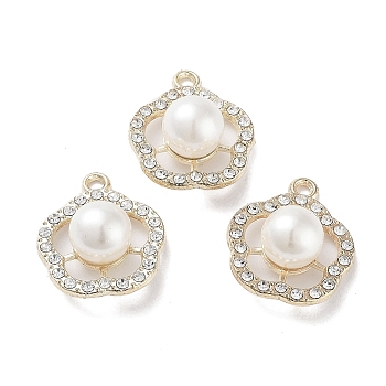 ABS Imitation Pearl Bead Pendants, with Alloy and Crystal Rhinestone, Cadmium Free & Lead Free, Flower Charm, Golden, 19x16.5x9mm, Hole: 1.8mm