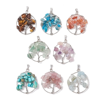8Pcs 8 Styles Natural Mixed Stone Chip Copper Wire Wrapped Pendants, 304 Stainless Steel Tree of Life Charms, Platinum, Mixed Dyed and Undyed, 27.5~28.5x22~23x4~6mm, Hole: 4.5x2.5mm, 1pc/style