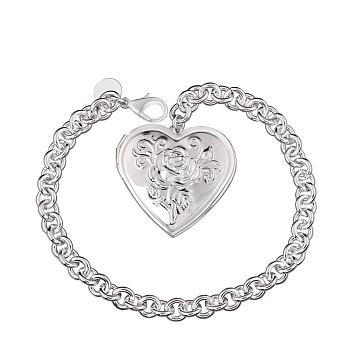 Brass Cable Chains Bracelets for Women, with Heart Locket Pendant and Lobster Clasps, Silver Color Plated, 203.2mm