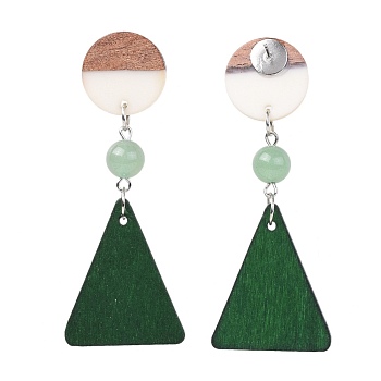 Stud Earrings, with Natural Green Aventurine Beads, Pear Wood Pendants, Resin & Wood Pendants and Brass Findings, Flat Round and Triangle, Dark Green, 67~68mm, Pin: 0.6mm