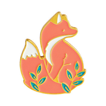 Fox with Leaf Enamel Pin, Gold Plated Alloy Animal Badge for Backpack Clothes, Orange Red, 33x26x10mm
