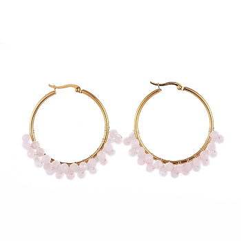 Beaded Hoop Earrings, with Natural Rose Quartz Beads, Golden Plated 304 Stainless Steel Hoop Earrings and Cardboard Packing Box, 48x39mm, Pin: 1x0.7mm
