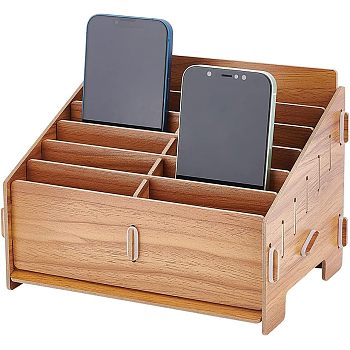 12-Grid Wooden Cell Phone Storage Box, Mobile Phone Holder, Desktop Organizer Storage Box for Classroom Office, BurlyWood, Finished Product: 22x15.5x15.5cm