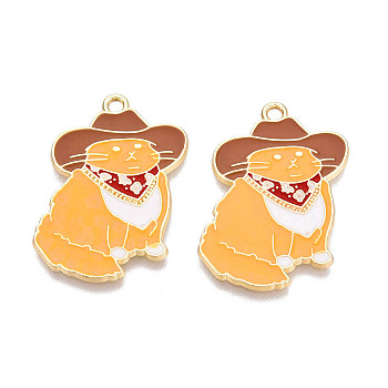 Alloy Enamel Pendants, Golden, Cat with Hat Charm, Goldenrod, 32x24x2mm, Hole: 1.8mm