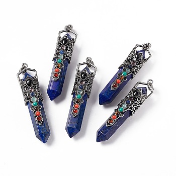 Natural Lapis Lazuli Dyed Big Pendants, 7 Chakra Faceted Bullet Charms, with Rack Plating Antique Silver Tone Alloy Crown Findings, Cadmium Free & Lead Free, 84x20x19.5mm, Hole: 8x5mm