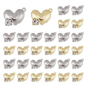 40Pcs 2 Colors Alloy Pendants, with Crystal Rhinestone, Heart, Platinum & Golden, 18.5x13x5mm, Hole: 1.2mm, 20pcs/color