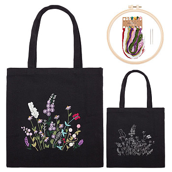 DIY Canvas Shoulder Bag Embroidery Starter Kit, Rectangle with Flower Pattern, Including Cotton Cords, Plastic Embroidery Hoops and Iron Needles, Mixed Color, Bag: 610x350x4mm, Inner Diameter: 392x350mm