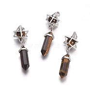 Natural Tiger Eye Pendants, Pointed Pendants, with Platinum Tone Brass Findings, Star & Bullet, 72mm, Hole: 7x5mm(G-L512-M03)