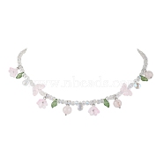 Glass with Rose Quartz Beaded Necklaces, Jewely for Women, Flower, Pink, 18.78 inch(47.7cm)(NJEW-JN04680-02)