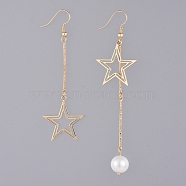 Glass Pearl Dangle Earrings, Asymmetrical Earrings, with Iron Bar Links, Brass Pendant and Earring Hooks, with Cardboard Packing Box, Star, Golden, 75mm and 90mm, Pin: 0.6mm(X-EJEW-JE03960)