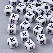 White Opaque Acrylic Beads, Horizontal Hole, Cube with Black Alphabet, Letter.K, 4~5x4~5x4~5mm, Hole: 1.8mm, about 240pcs/20g(X-MACR-R869-02K)