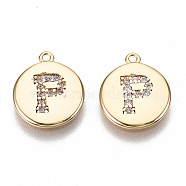 Brass Micro Pave Clear Cubic Zirconia Charms, Nickel Free, Real 18K Gold Plated, Flat Round, Letter.P, 11.5x10x1mm, Hole: 0.9mm(KK-N231-233P-NF)