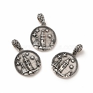 Rack Plating Eco-Friendly Brass Pendants, Long-Lasting Plated, Lead Free & Cadmium Free, Flat Round with Castle Charm, Antique Silver, 19x16x3mm, Hole: 3.5x5mm(KK-K165-12)