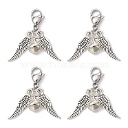 Alloy Wings and Iron Bell Pendant Decoration, with 304 Stainless Steel Lobster Claw Clasps, Antique Silver, 35mm, 10pcs/set(HJEW-JM01309-02)