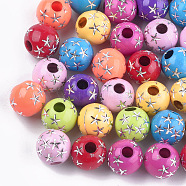 Plating Acrylic Beads, Metal Enlaced, Round with Star, Mixed Color, 10x9.5mm, Hole: 2mm, about 900pcs/500g(PACR-T006-21B)