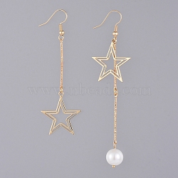 Glass Pearl Dangle Earrings, Asymmetrical Earrings, with Iron Bar Links, Brass Pendant and Earring Hooks, with Cardboard Packing Box, Star, Golden, 75mm and 90mm, Pin: 0.6mm(X-EJEW-JE03960)