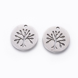 201 Stainless Steel Pendants, Manual Polishing, Flat Round with Tree, Stainless Steel Color, 16x1.5mm, Hole: 1.8mm(STAS-F231-060P)