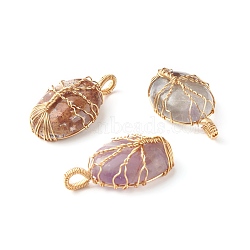 Natural Gemstone Pendants, with Real 18K Gold Plated Eco-Friendly Copper Wire, Oval, 33.5~34.5x19.5x9.5~10.5mm, Hole: 3.5~4x5~5.5mm(PALLOY-JF00844)