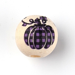 Natural Wood Beads, Round with Pumpkin Plaid Patten, Purple, 15~16mm, Hole: 4mm(WOOD-TAC0007-44B)