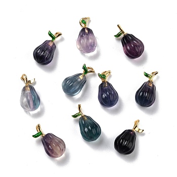 Natural Fluorite Carved Pendants, with Golden Plated Brass Findings and Green Enamel, Pear, 21x11mm, Hole: 4x2.6mm