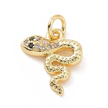 Brass Micro Pave Cubic Zirconia Charms, with Jump Ring, Snake Charm, Golden, 13x11x2.5mm, Hole: 2.8mm