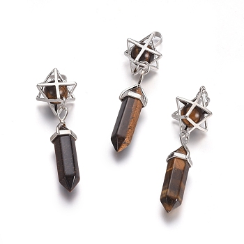 Natural Tiger Eye Pendants, Pointed Pendants, with Platinum Tone Brass Findings, Star & Bullet, 72mm, Hole: 7x5mm