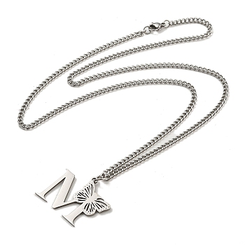 201 Stainless Steel Necklace, Letter M, 23.74 inch(60.3cm) p: 27x32.5x1.3mm