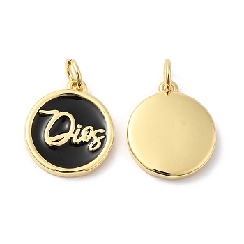 Real 16K Gold Plated Brass Enamel Pendants, with Jump Ring, Flat Round with Word Charms, Black, 15x13x2.5mm, Hole: 3.5mm