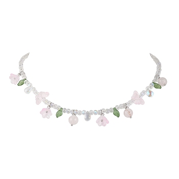 Glass with Rose Quartz Beaded Necklaces, Jewely for Women, Flower, Pink, 18.78 inch(47.7cm)