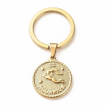 304 Stainless Steel Pendants Keychain, with 304 Stainless Steel Split Key Rings, Flat Round with Twelve Constellations, Aquarius, 6.2cm
