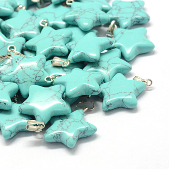 Star Dyed Synthetic Turquoise Pendants, with Platinum Tone Brass Findings, 22~23x20~24x5~7mm, Hole: 2x7mm