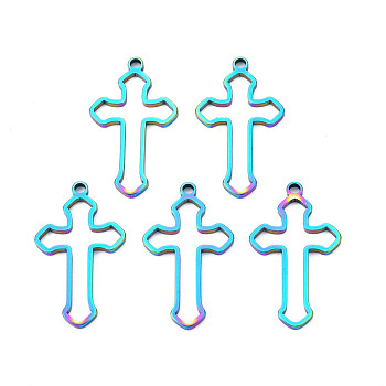 Ion Plating(IP) 201 Stainless Steel Pendants, Cross, Rainbow Color, 29.5x17x1.5mm, Hole: 1.8mm