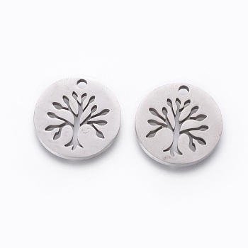 201 Stainless Steel Pendants, Manual Polishing, Flat Round with Tree, Stainless Steel Color, 16x1.5mm, Hole: 1.8mm