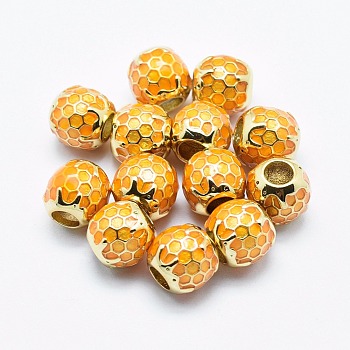 Brass Enamel European Beads, Cadmium Free & Nickel Free & Lead Free, Round with Honeycomb, Golden, 9x9mm, Hole: 4mm