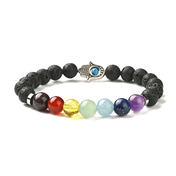 Chakra Jewelry Natural Lava Rock Bead Stretch Bracelets, with Natural Gemstone Beads and Alloy Findings, Colorful, 55mm