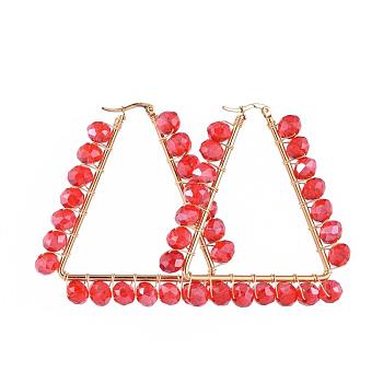 304 Stainless Steel Hoop Earrings, Beaded Hoop Earrings, with Handmade Glass Beads and Cardboard Box, Triangle, Red, 60x57x8mm, Pin: 0.8x1mm