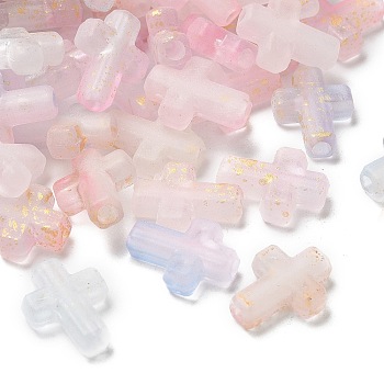 Gradient Color Transparent Acrylic Beads, with Golden Foil, Cross, Pink, 16x12.5x4.5mm, Hole: 2.5mm, about: 28pcs/10g