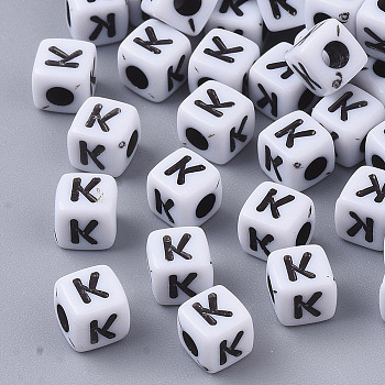 White Opaque Acrylic Beads, Horizontal Hole, Cube with Black Alphabet, Letter.K, 4~5x4~5x4~5mm, Hole: 1.8mm, about 240pcs/20g