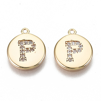 Brass Micro Pave Clear Cubic Zirconia Charms, Nickel Free, Real 18K Gold Plated, Flat Round, Letter.P, 11.5x10x1mm, Hole: 0.9mm