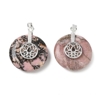 Natural Rhodonite Pendants, Coin Charms with Brass Lotus Flower, Platinum, 29.5~31x25~25.5x9~9.5mm, Hole: 4x3.5mm