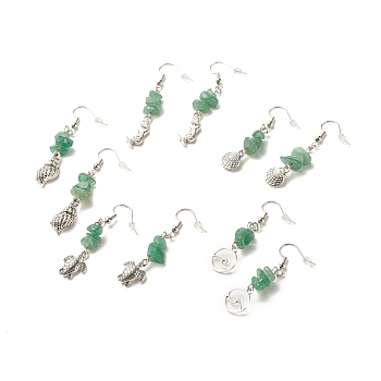Natural Green Aventurine Chips Beaded Dangle Earrings, Brass Ocean Theme Long Drop Earrings for Women, Mixed Shape, Antique Silver, 50~55mm, Pin: 0.7mm
