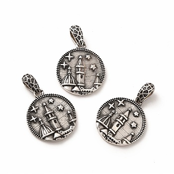 Rack Plating Eco-Friendly Brass Pendants, Long-Lasting Plated, Lead Free & Cadmium Free, Flat Round with Castle Charm, Antique Silver, 19x16x3mm, Hole: 3.5x5mm