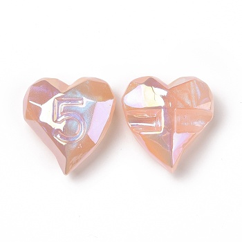 Opaque Acrylic Beads, AB Color Plated, Heart with Number 5, Light Salmon, 32x30x13mm, Hole: 3.2mm