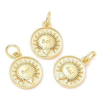 Rack Plating Brass Pendants, Long-Lasting Plated, with Jump Ring, Lead Free & Cadmium Free, Flat Round with Sun Charm, Real 18K Gold Plated, 13x11x2mm, Hole: 3mm
