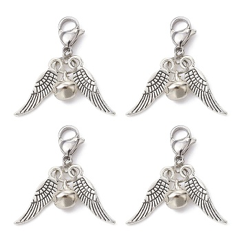 Alloy Wings and Iron Bell Pendant Decoration, with 304 Stainless Steel Lobster Claw Clasps, Antique Silver, 35mm, 10pcs/set