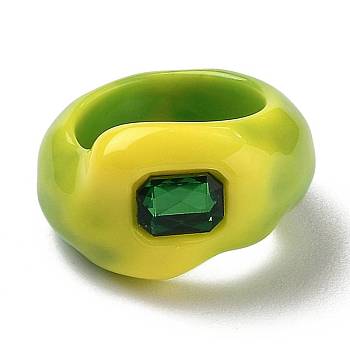 Resin Finger Rings, with Plastic Rhinestone, Rectangle, Yellow Green, US Size 7 1/4(17.5mm)