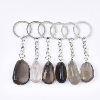 Natural Smoky Quartz Keychain, with Iron Findings, Platinum, 85~94mm