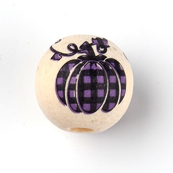 Natural Wood Beads, Round with Pumpkin Plaid Patten, Purple, 15~16mm, Hole: 4mm